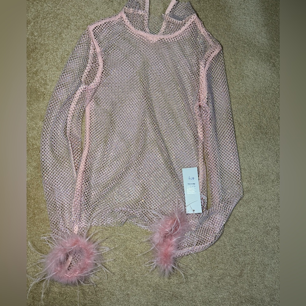 Pink Mesh Top with Feather Details